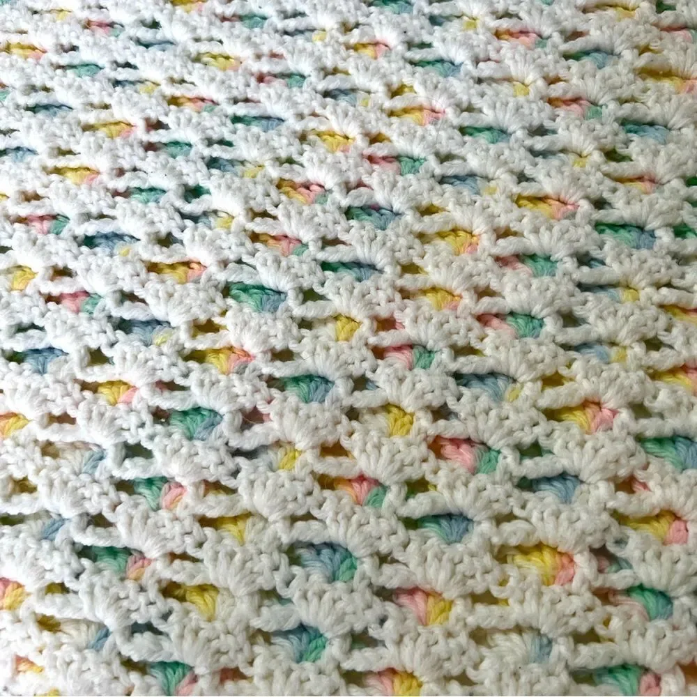 Vintage Handmade 1960s 1970s Rainbow Pastel Crochet Knit Baby Blanket & Bonnet
